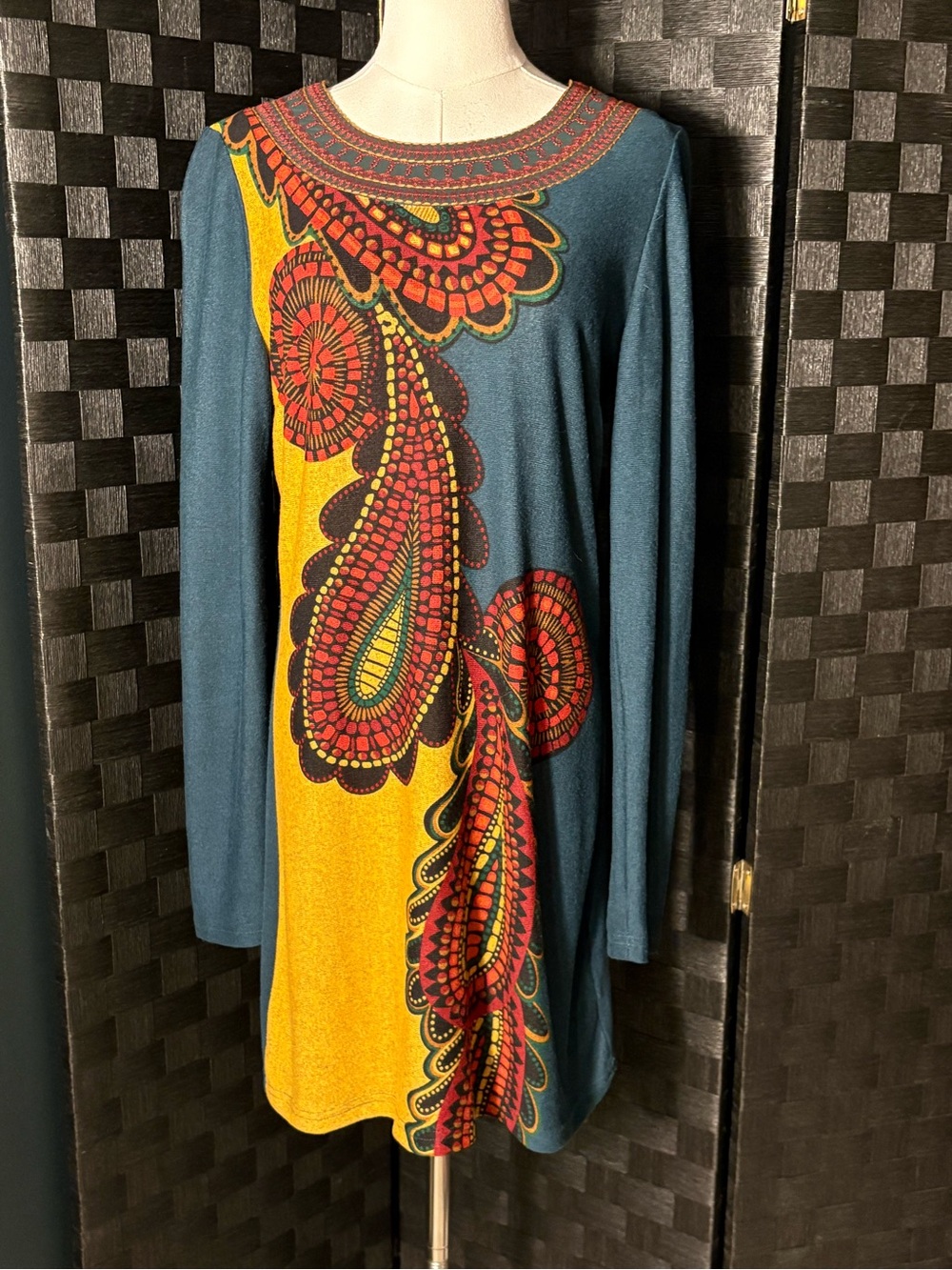 VTG Papa Vancouver Boho Knit Shift Dress Long Sleeve Paisley Colorblock Tunic